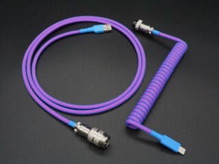 Purple (pink and blue) device-side coiled mechanical keyboard USB cable with 5-pin GX16 detachable connector