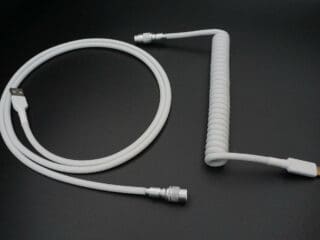 White device-side coiled mechanical keyboard USB cable with 5-pin YC8 detachable connector