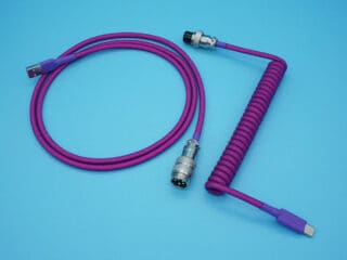 Purple and pink device-side coiled mechanical keyboard USB cable with 5-pin GX16 detachable connector