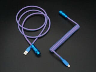 Pink and blue coiled device-side coiled mechanical keyboard USB cable with 5-pin SA12 Weipu detachable connector