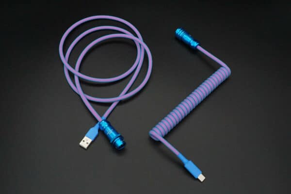 Pink and blue coiled device-side coiled mechanical keyboard USB cable with 5-pin SA12 Weipu detachable connector