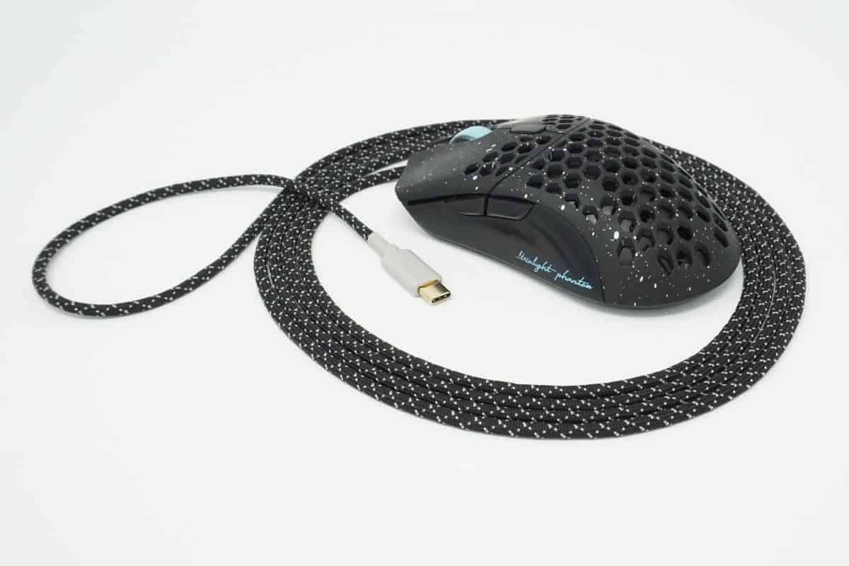 USB-C Mouse Paracord in black and white installed into wired mouse to connect to laptop or PC USB-C ports