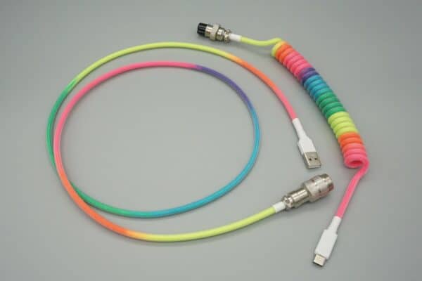 Rainbow with white device-side coiled mechanical keyboard USB cable with 5-pin GX16 detachable connector