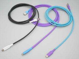 Straight mechanical keyboard USB cables, USB-A to USB-C, in neon turquoise, purple, and starry night