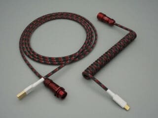 Red, black, and white coiled device-side coiled mechanical keyboard USB cable with 5-pin SA12 Weipu detachable connector