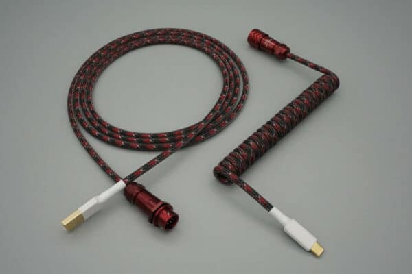 Red, black, and white coiled device-side coiled mechanical keyboard USB cable with 5-pin SA12 Weipu detachable connector