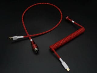 Red with white device-side coiled mechanical keyboard USB cable with Metallic Red 5-pin GX16 detachable connector