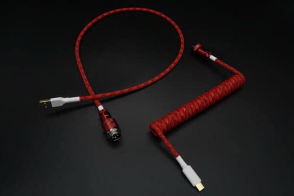Red with white device-side coiled mechanical keyboard USB cable with Metallic Red 5-pin GX16 detachable connector
