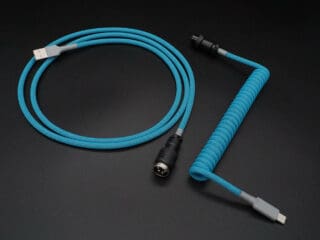 Teal blue with grey device-side coiled mechanical keyboard USB cable with Black 5-pin GX16 detachable connector
