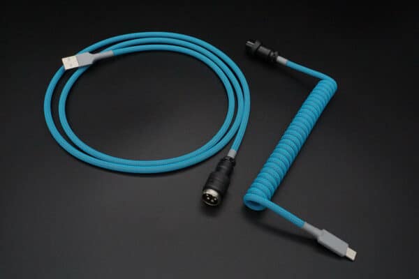 Teal blue with grey device-side coiled mechanical keyboard USB cable with Black 5-pin GX16 detachable connector