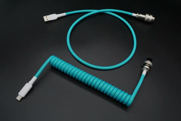 Teal blue green device-side coiled mechanical keyboard USB cable with 5-pin GX16 detachable connector