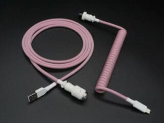 Pink lavender with white device-side coiled mechanical keyboard USB cable with White 5-pin GX16 detachable connector