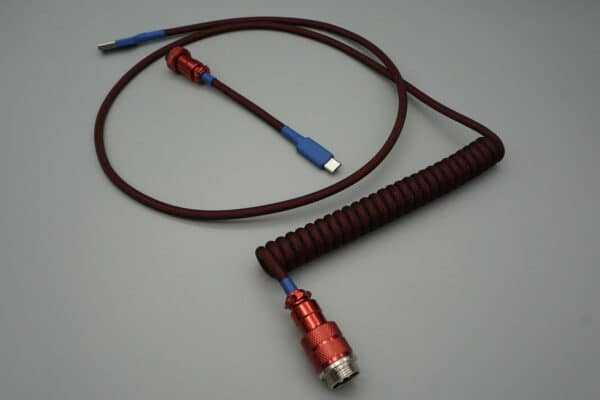 Dark red and blue host-side (PC-side) coiled mechanical keyboard USB cable with Metallic Red 5-pin GX16 detachable connector