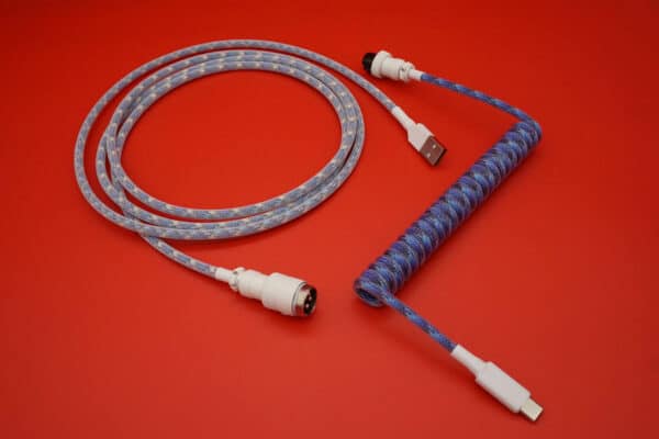 Blue and white device-side coiled mechanical keyboard USB cable with White 5-pin GX16 detachable connector