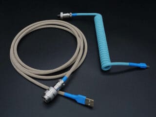 Blue and beige device-side coiled mechanical keyboard USB cable with 5-pin GX16 detachable connector