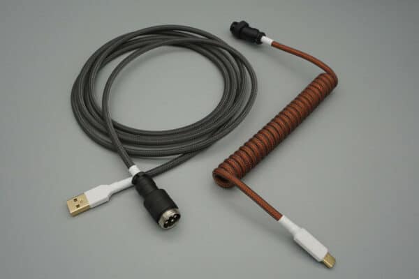 Dark Orange and Grey with white device-side coiled mechanical keyboard USB cable with Black 5-pin GX16 detachable connector