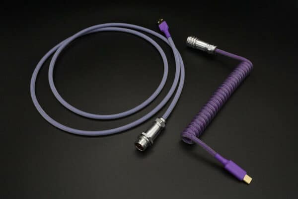 Purple device-side coiled mechanical keyboard USB cable with Silver 5-pin SA12 Weipu detachable connector