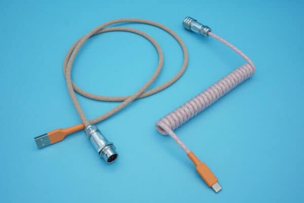 Pink and beige coiled device-side coiled mechanical keyboard USB cable with 5-pin SA12 Weipu detachable connector