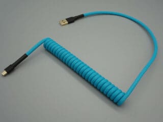 Micro-USB mechanical keyboard cable in teal with a 6-inch coil and 90-degree ends layout