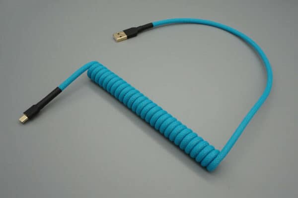Micro-USB mechanical keyboard cable in teal with a 6-inch coil and 90-degree ends layout