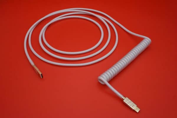 USB-C mechanical keyboard cable in shiny white with a 6-inch coil and 90-degree ends layout