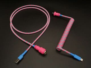 Neon pink and blue device-side coiled mechanical keyboard USB cable with UV Pink 5-pin GX16 detachable connector