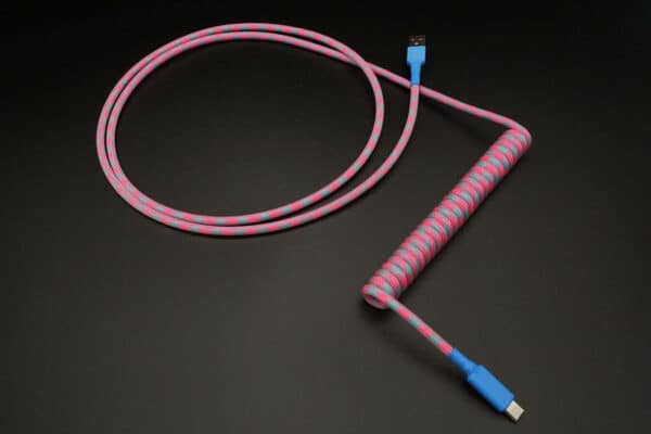 Pink and blue non-detachable coiled mechanical keyboard USB cable