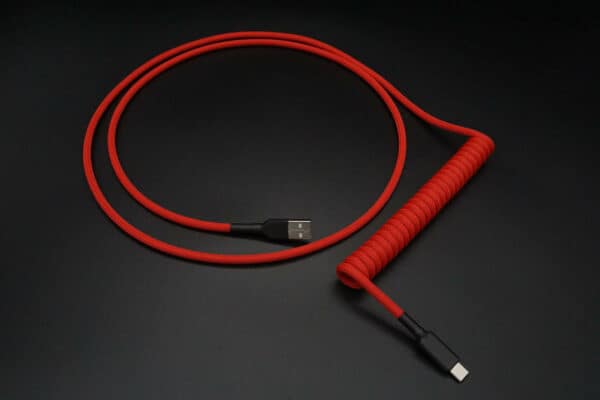Red non-detachable coiled mechanical keyboard USB cable