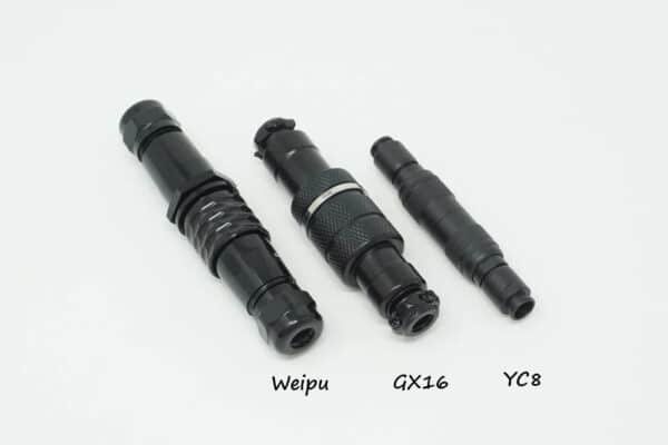 Comparing sizing of available 5-pin detachable connectors: SA12 Weipu (largest) to GX16 to YC8 (smallest)