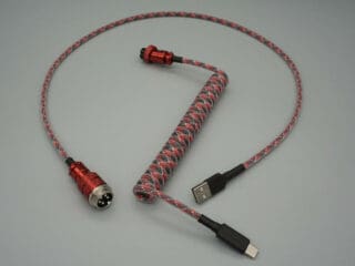 Red with black and white device-side coiled mechanical keyboard USB cable with Metallic Red 5-pin GX16 detachable connector