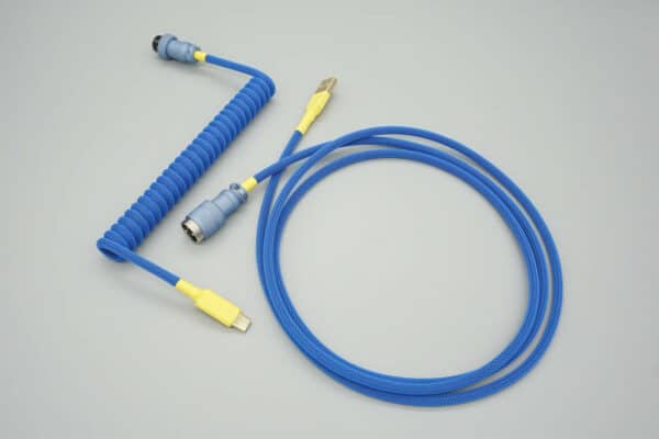 Blue and yellow device-side coiled mechanical keyboard USB cable with light Polar Blue 5-pin GX16 detachable connector