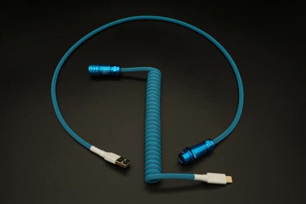 Dark teal coiled device-side coiled mechanical keyboard USB cable with 5-pin SA12 Weipu detachable connector