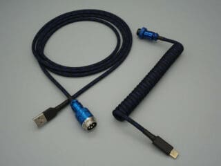 Dark blue and black device-side coiled mechanical keyboard USB cable with Metallic Blue 5-pin GX16 detachable connector