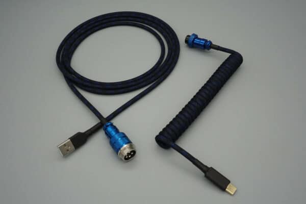 Dark blue and black device-side coiled mechanical keyboard USB cable with Metallic Blue 5-pin GX16 detachable connector
