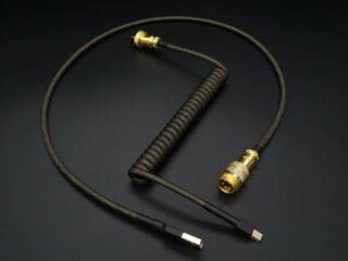 Black and gold device-side coiled mechanical keyboard USB cable with Gold 5-pin GX16 detachable connector
