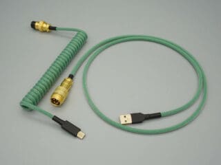 Green with black device-side coiled mechanical keyboard USB cable with Gold 5-pin GX16 detachable connector