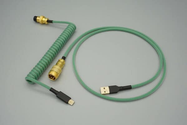 Green with black device-side coiled mechanical keyboard USB cable with Gold 5-pin GX16 detachable connector