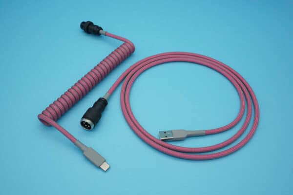 Pink and grey device-side coiled mechanical keyboard USB cable with Black 5-pin GX16 detachable connector