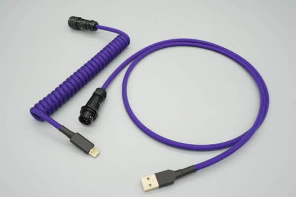 Purple and black coiled device-side coiled mechanical keyboard USB cable with 5-pin SA12 Weipu detachable connector
