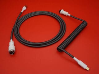 Black and white device-side coiled mechanical keyboard USB cable with White 5-pin GX16 detachable connector