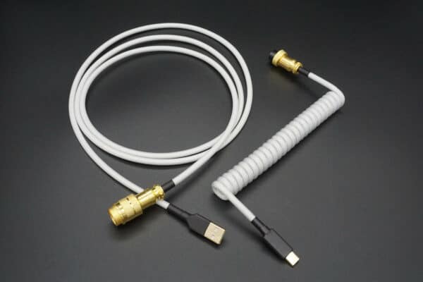 White with black device-side coiled mechanical keyboard USB cable with Gold 5-pin GX16 detachable connector
