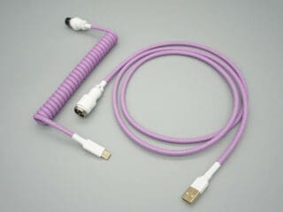 Purple and white device-side coiled mechanical keyboard USB cable with White 5-pin GX16 detachable connector