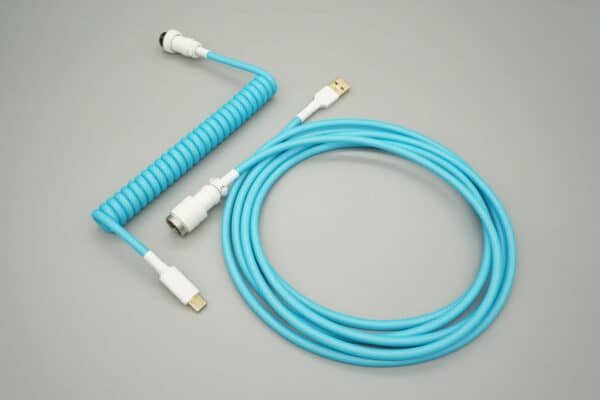 Teal blue and white device-side coiled mechanical keyboard USB cable with White 5-pin GX16 detachable connector
