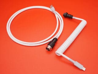 White device-side coiled mechanical keyboard USB cable with Black 5-pin GX16 detachable connector