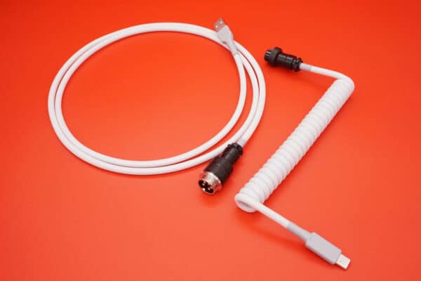 White device-side coiled mechanical keyboard USB cable with Black 5-pin GX16 detachable connector