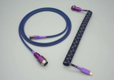 Purple and blue multicolored, device-side coiled mechanical keyboard USB cable with Metallic Purple 5-pin GX16 detachable connector