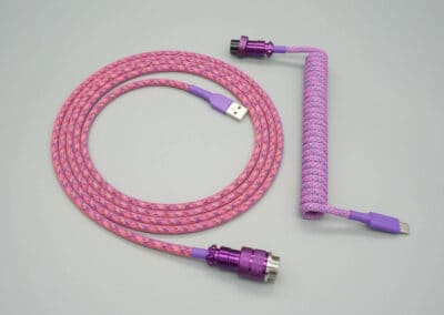 Pink & purple, device-side coiled mechanical keyboard USB cable with Metallic Purple 5-pin GX16 detachable connector